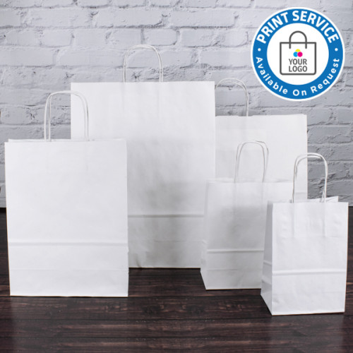 Stock White Twisted Handle Paper Carrier Bags size 180mm from MIDPAC